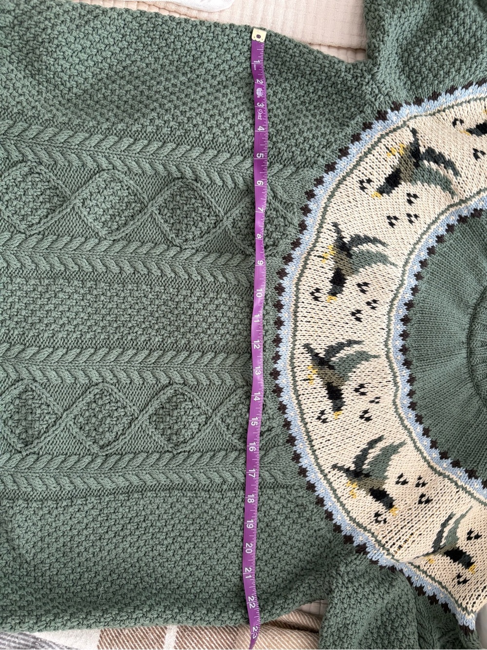 LL Bean Signature Green Cable Knit Fair Isle Sweater with Bird Motif Size XL - Picture 2 of 4